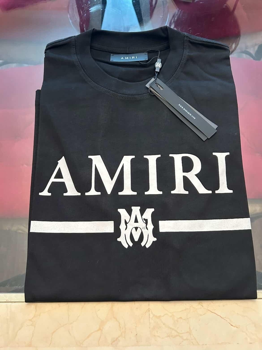 AMIRI Black Tee with White Logo and Stripe Size S
